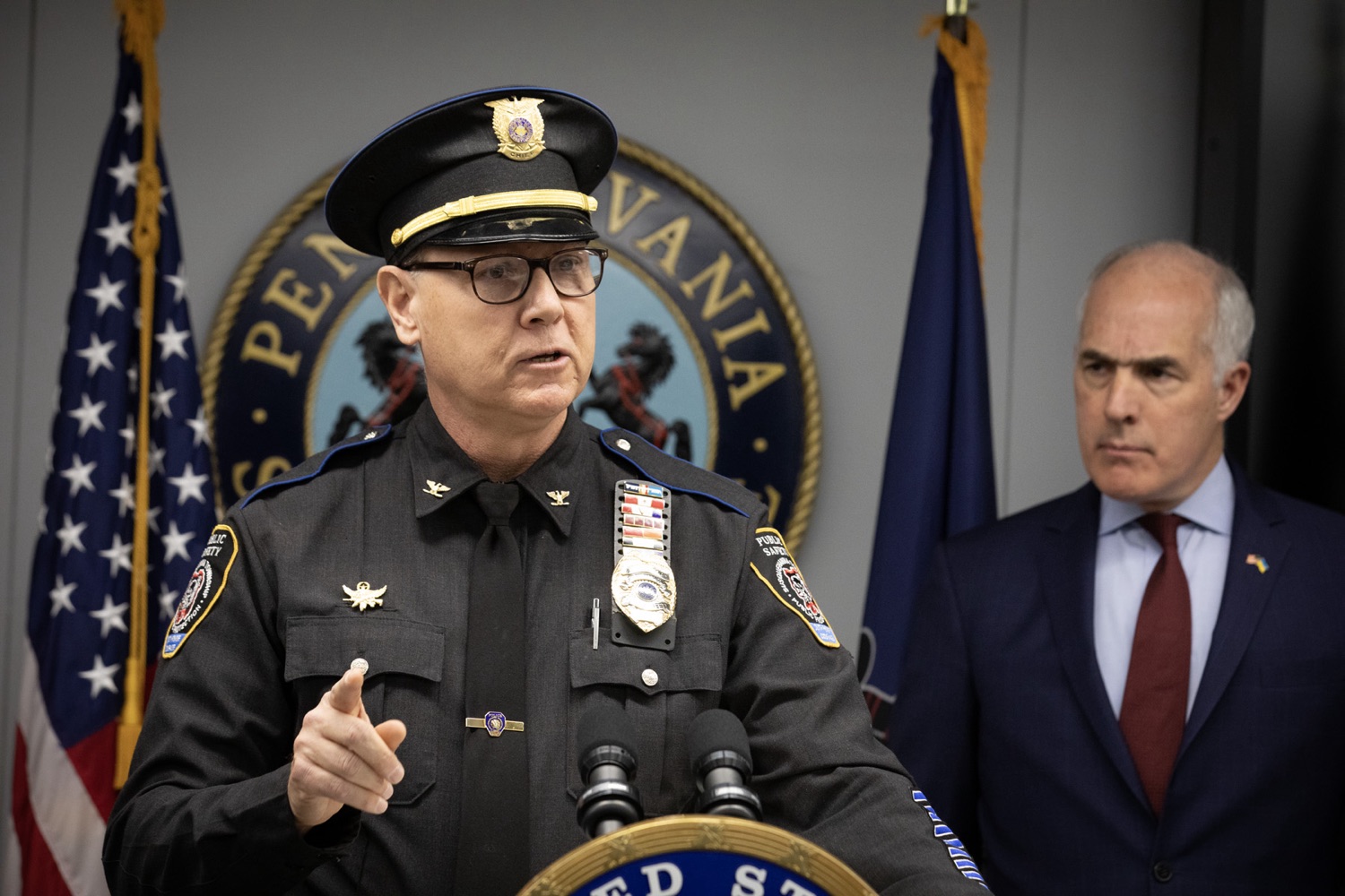 Senator Bob Casey visited Pennsylvania State Police Headquarters to discuss his proposed Stop Fentanyl at the Border Act. Pictured here is Susquehanna Twp. Public Safety Director Rob Martin delivering remarks during the event. Harrisburg, Pennsylvania.<br><a href="https://filesource.amperwave.net/commonwealthofpa/photo/24347_psp_stopFentanyl_JP_13.jpg" target="_blank">⇣ Download Photo</a>
