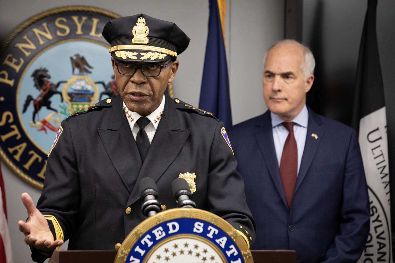 Senator Bob Casey visited Pennsylvania State Police Headquarters to discuss his proposed Stop Fentanyl at the Border Act. Pictured here is Harrisburg Chief Carter delivering remarks during the event. Harrisburg, Pennsylvania.<br><a href="https://filesource.amperwave.net/commonwealthofpa/photo/24347_psp_stopFentanyl_JP_15.jpg" target="_blank">⇣ Download Photo</a>