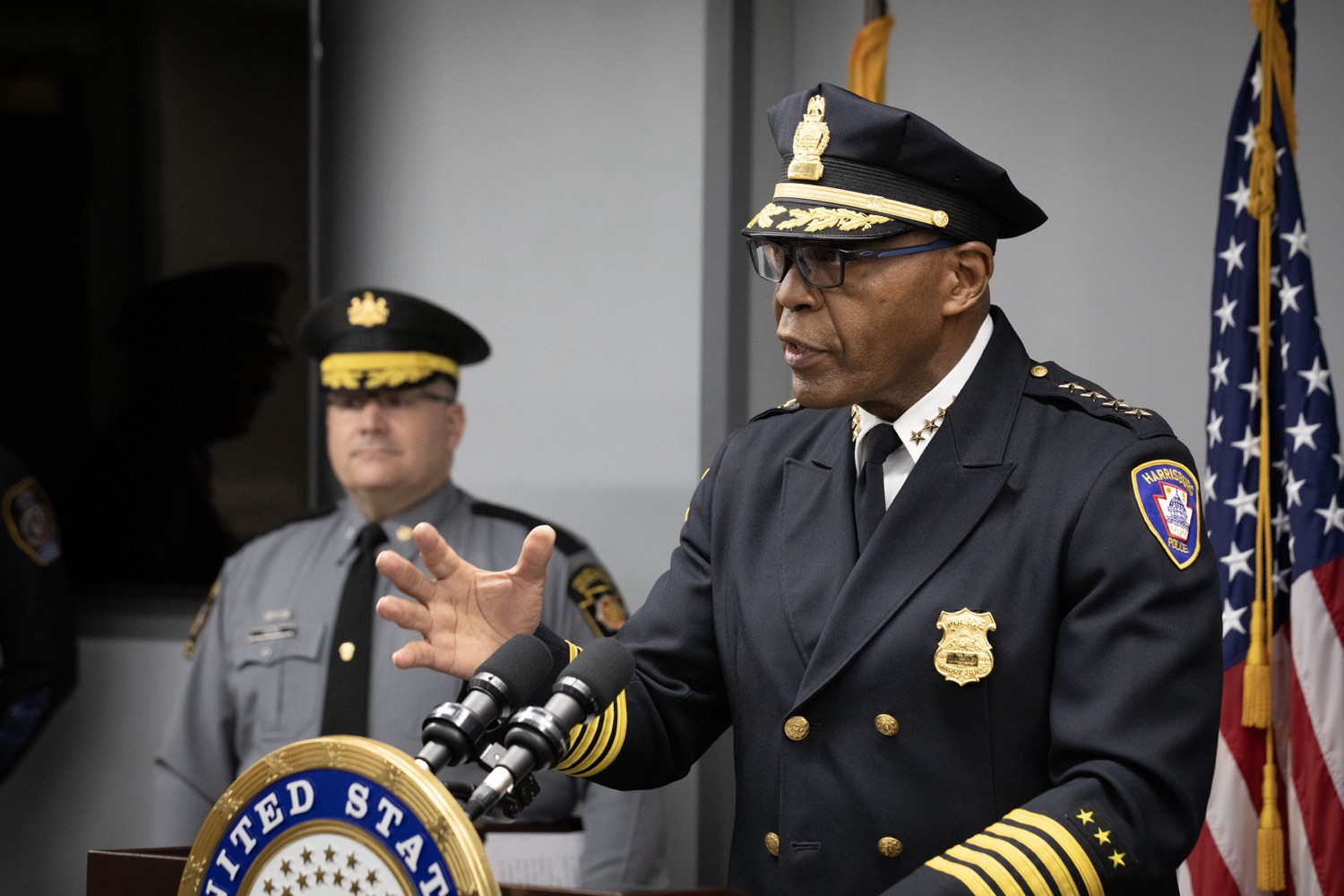 Senator Bob Casey visited Pennsylvania State Police Headquarters to discuss his proposed Stop Fentanyl at the Border Act. Pictured here is Harrisburg Chief Carter delivering remarks during the event. Harrisburg, Pennsylvania.<br><a href="https://filesource.amperwave.net/commonwealthofpa/photo/24347_psp_stopFentanyl_JP_16.jpg" target="_blank">⇣ Download Photo</a>