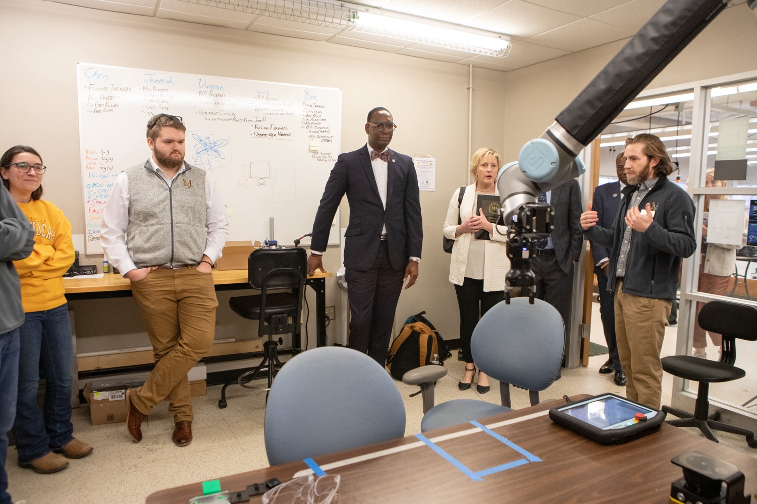 PDE Secretary Dr. Khalid N. Mumin takes a tour of the robotics lab area and learned how Millersville students are leaving the university with an array of job opportunities in high-paying, high-demand careers. ..Pennsylvania Department of Education (PDE) Secretary Dr. Khalid N. Mumin and Deputy Secretary Dr. Kate Shaw joined Pennsylvania State System of Higher Education (PASSHE) Chancellor Dan Greenstein at Millersville University to highlight Governor Shapiros proposed investments in higher education and how Pennsylvanias public postsecondary system is preparing students to be workforce-ready upon graduation.. .Governor Shapiros blueprint for higher education will help Pennsylvanias public universities build on areas of strength and address the challenges caused by a 30-year disinvestment in higher education by the Commonwealth, such as competition between universities that results in higher costs and lower enrollment. Governor Shapiros blueprint will ensure better coordination across PASSHE universities and community colleges to expand access to affordable, workforce-ready credentials and degrees across Pennsylvania  including in areas that currently lack access.. .Our Commonwealths institutions of higher education, like Millersville University, do an incredible job preparing students for the future and connecting them with future opportunities, said Secretary Khalid N. Mumin. Governor Josh Shapiros new blueprint for higher education will end the era of disinvestment in our higher education sector, make postsecondary education more accessible and affordable to more Pennsylvanians, and allow these schools to continue to do what they do besteducate learners..<br><a href="https://filesource.amperwave.net/commonwealthofpa/photo/24436_PDE_Blueprint_ERD_060.jpg" target="_blank">⇣ Download Photo</a>